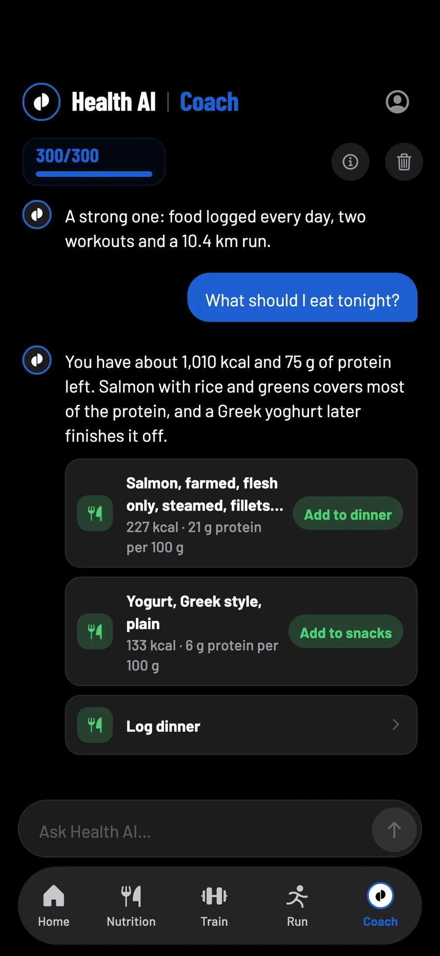 The coach suggesting what to eat tonight, with buttons to add salmon to dinner and Greek yoghurt to snacks.
