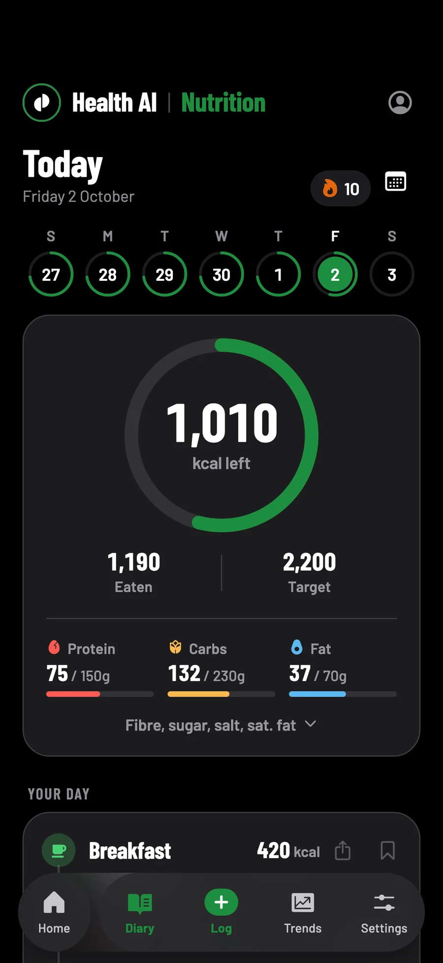 Health AI's diary: calories left in a ring, with protein, carbs and fat beneath it.