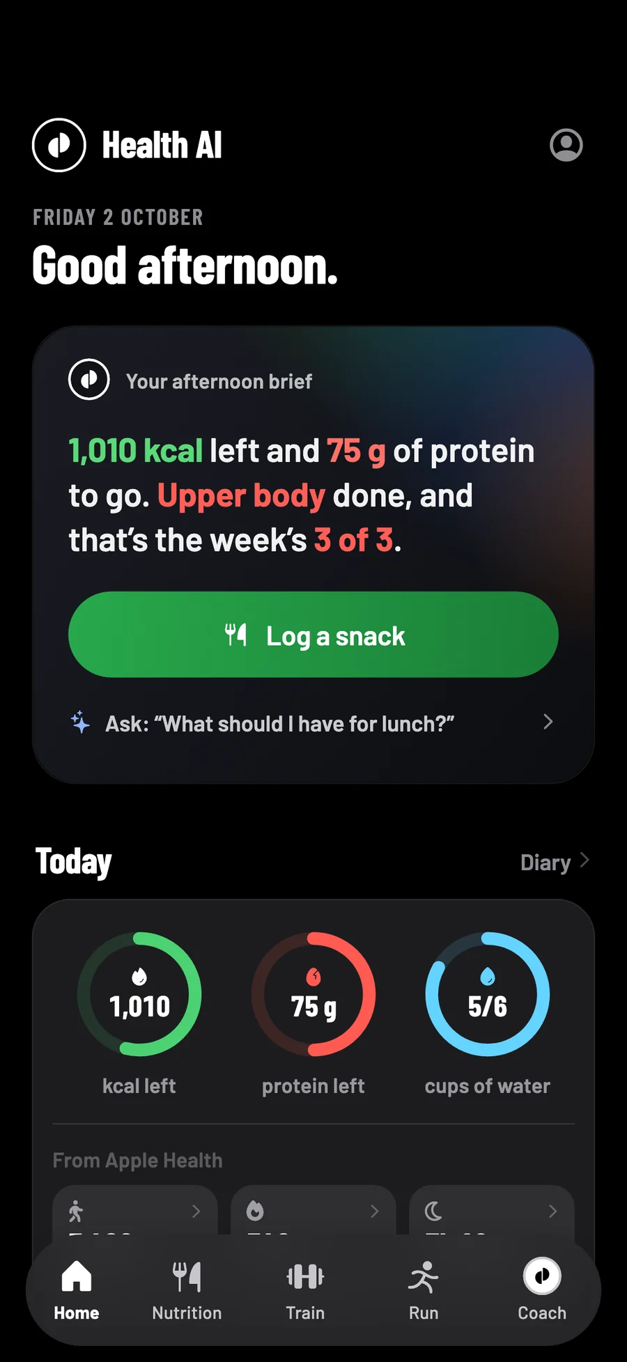 Health AI's Home screen: 1,010 kcal and 75 g of protein left, with rings for calories, protein and water.