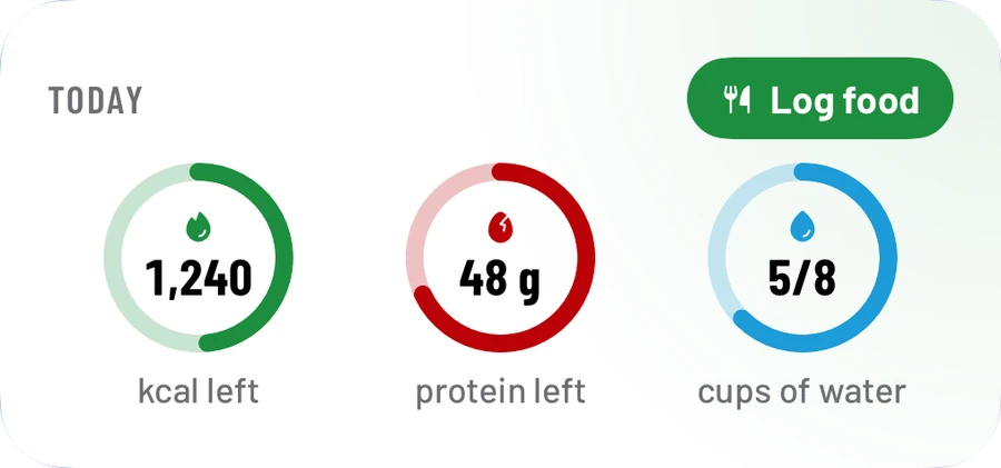 The medium widget: 1,240 kcal left, 48 g protein left, 5 of 8 cups of water, and a Log food button.